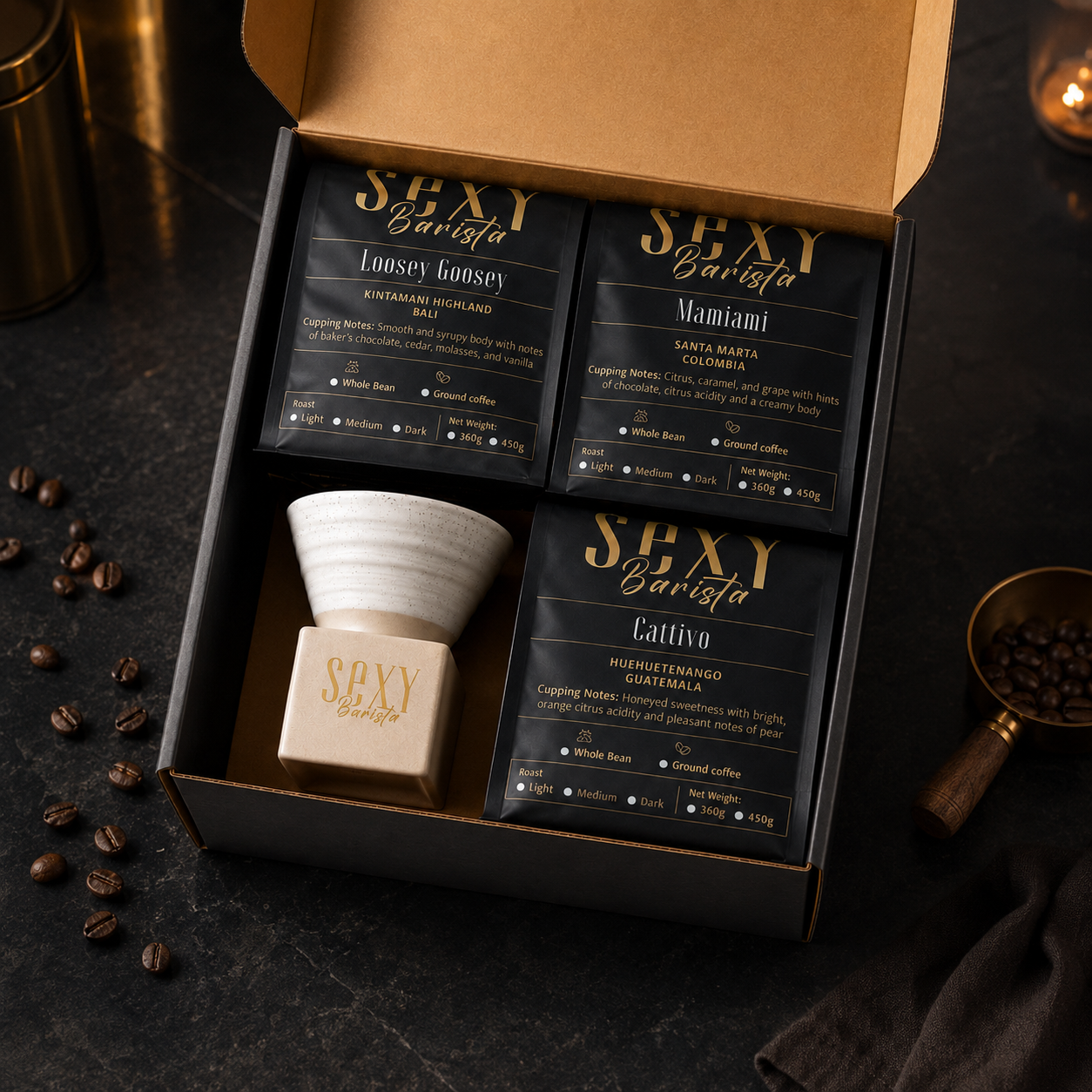Sexy Barista Discovery Set with three 360 gram coffee bags and artisan coffee cup