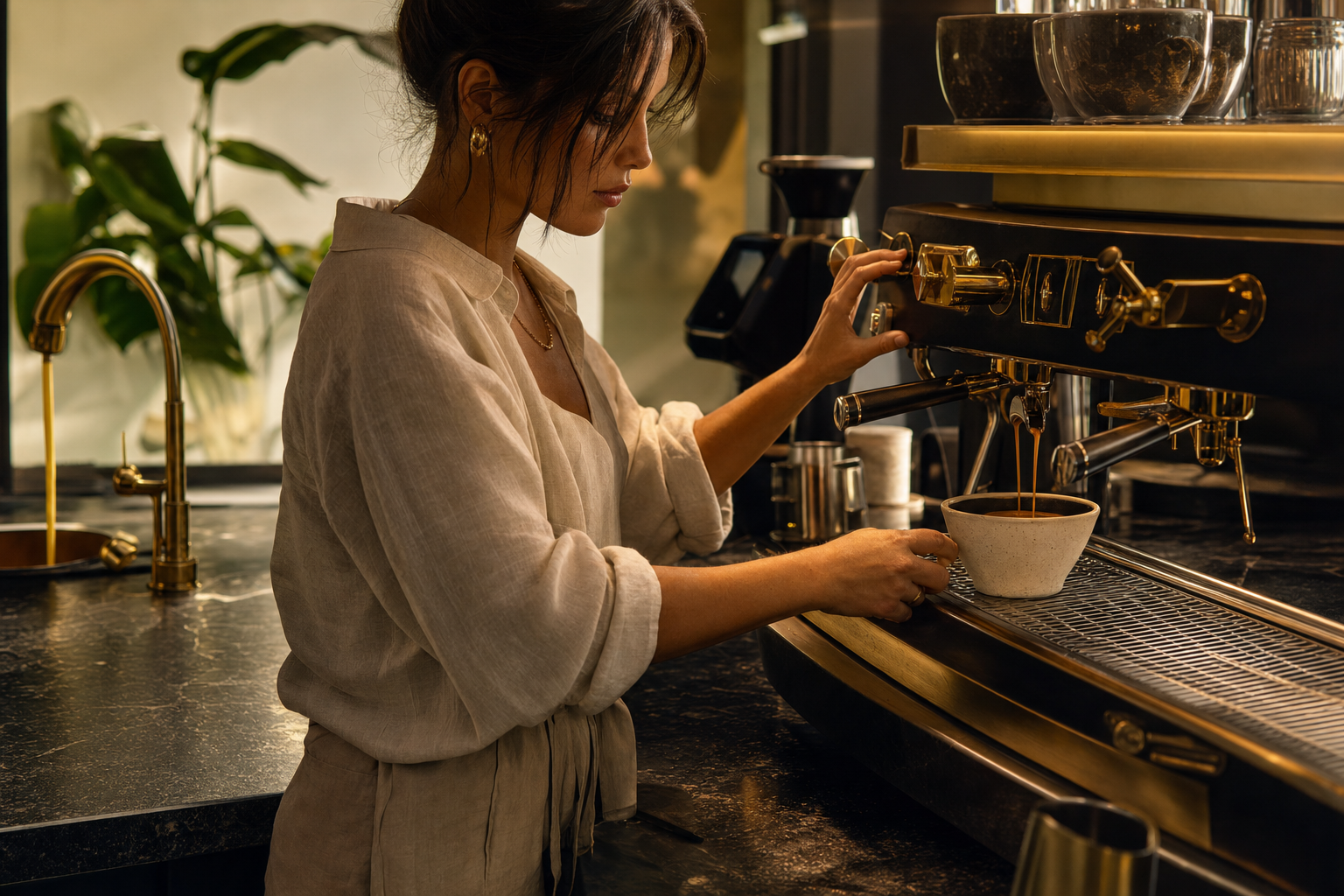 Brass espresso machine and porcelain cup, Miami café, warm light.