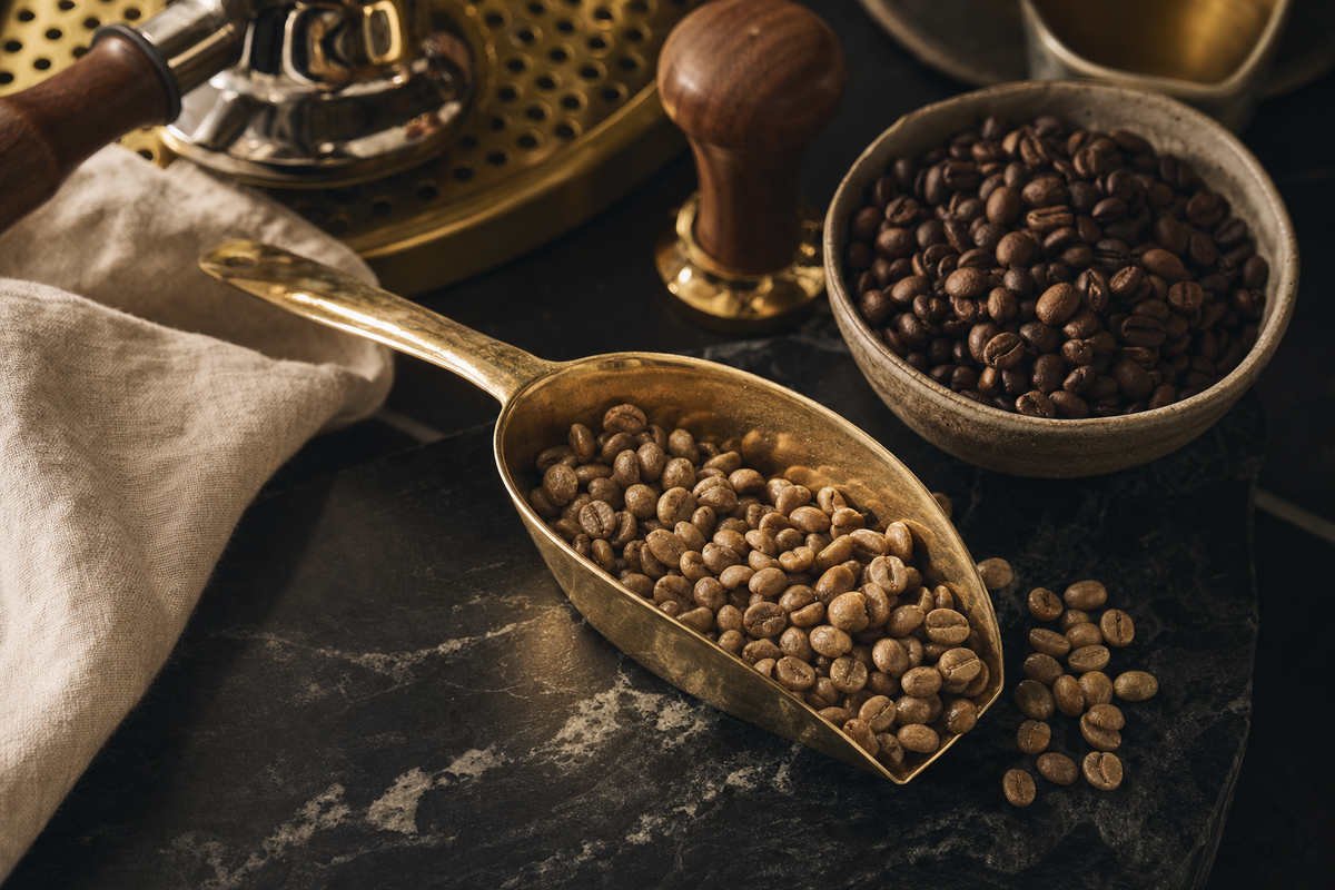 Wet-hulled Bali coffee beans on a black stone surface with a polished brass scoop and cream linen, photographed in warm Miami light.
