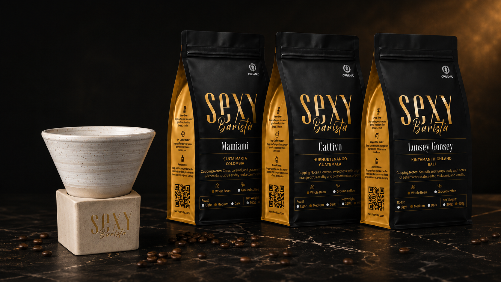 Sexy Barista Discovery Set with three 360 gram coffee bags and artisan coffee cup